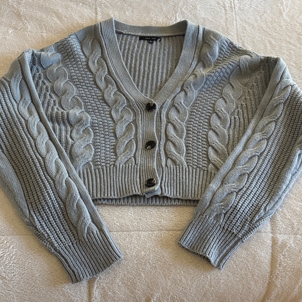 Cable Knit Blue Cardigan Sweater